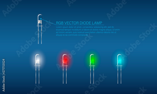 RGB Vector diode lamp. Set of colored diode lamps. Transparent lamps on blue background. photo