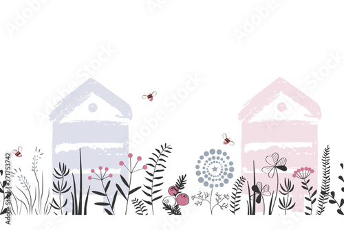 Vector nature seamless background with hand drawn wild herbs, flowers and leaves on white. Doodle style cartoon floral illustration. Vector