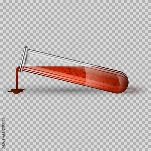 Glass transparent tube with red fluid. Flask with spilled liquid. Vector medical instrument.