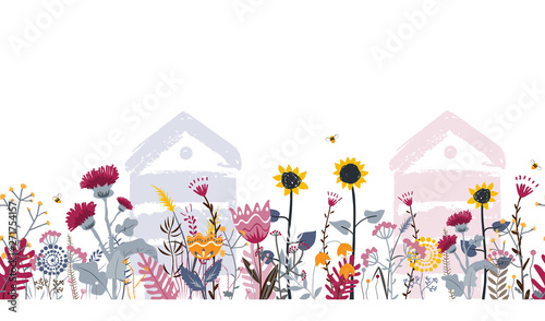 Bright seamless meadow border with beehives, bees, and flowers. Vector. Apiary concept.