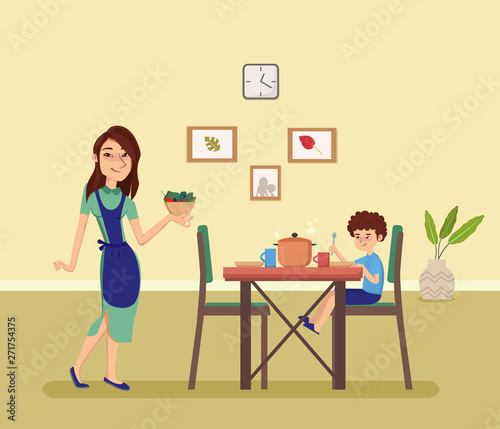 Woman holding plate with food. Boy sitting at the Dinner table in the kitchen. Cartoon style vector illustration