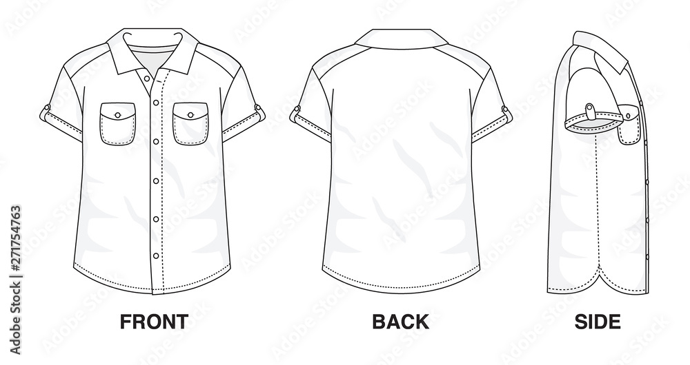 Isolated Button up Blouse of clothes and fashion stylish wear fill in blank shirt. Regular 2 Pockets Polo Neck Short Sleeves Illustration Vector Template. Front, back and side view Vector