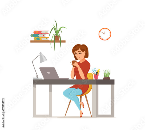 Woman working on computer colorful vector concept.