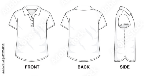 Isolated Button up Blouse Polo object of clothes and fashion stylish wear fill in blank shirt. Regular Polo Neck Short Sleeves Illustration Vector Template. Front, back and side view