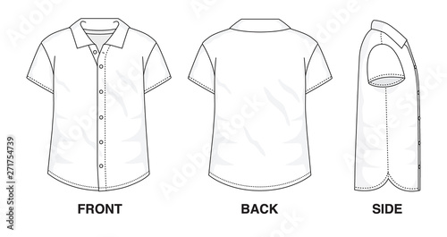 Isolated Button up Blouse object of clothes and fashion stylish wear fill in blank shirt. Regular Polo Neck Short Sleeves Illustration Vector Template. Front, back and side view