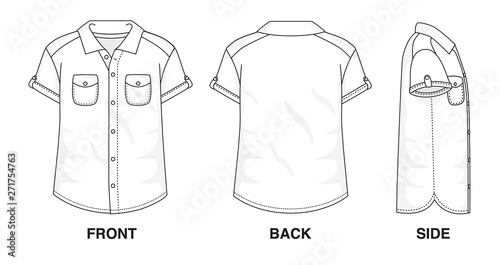 Isolated Button up Blouse object of clothes and fashion stylish wear fill in blank shirt. Regular 2 Pockets Polo Neck Short Sleeves Illustration Vector Template. Front, back and side view