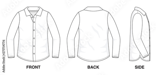 Isolated Button up Blouse object of clothes and fashion stylish wear fill in blank shirt. Regular Polo Neck Long Sleeves Illustration Vector Template. Front, back and side view