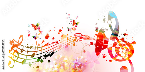  Colorful G-clef with gramophone horn isolated vector illustration design. Music background. Retro phonograph horn with music notes, music festival poster, concert events, party flyer
