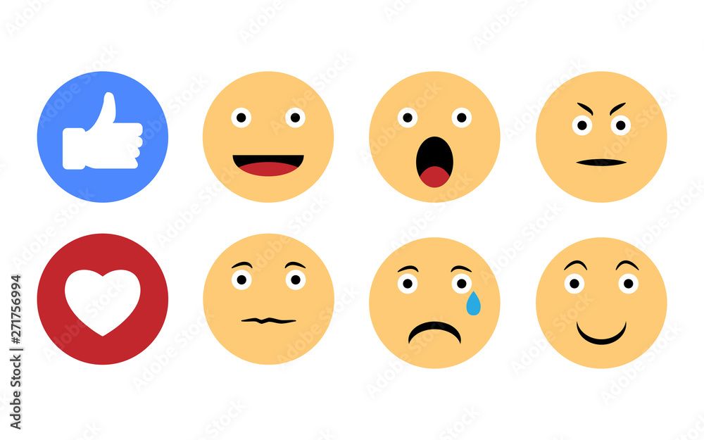 Fototapeta premium Set of funny smiles. Set of emotional emoji. Round icons of faces, thumb up, like.