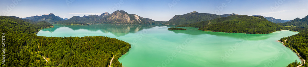 Aerial Walchensee Lake. Bavaria Germany. Jochberg, Heimgarten, Herzogstand. Travel destination