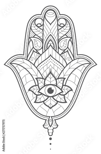 Indian hand Hamsa or hand of Fatima with third eye. Hand drawn