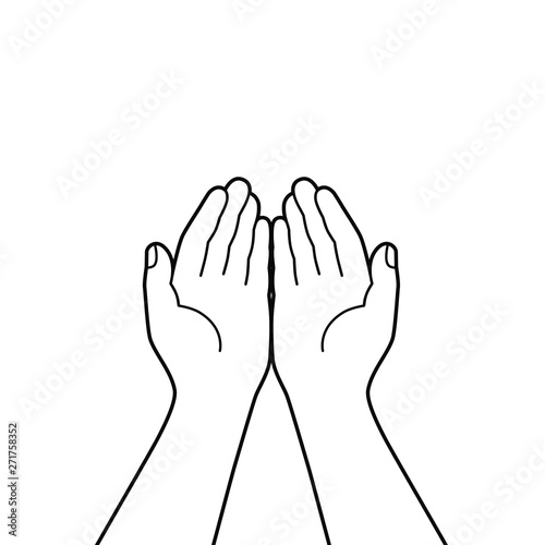Gesture of the hands folded in prayer. Hands cupped together isolated symbol on white background. Graphic icon. Vector illustration