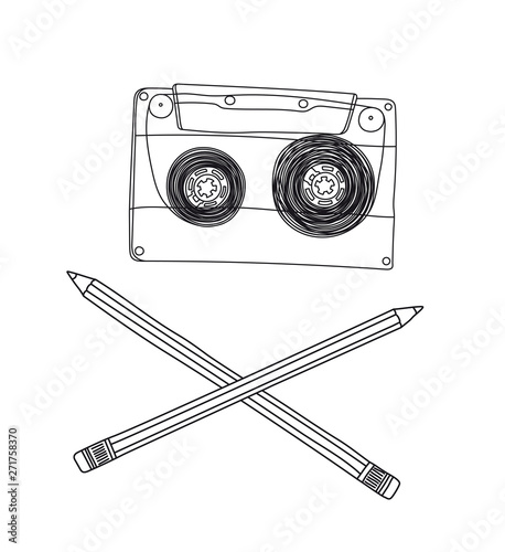 Vector old hand sketch compact audio cassette with crossed pencils
