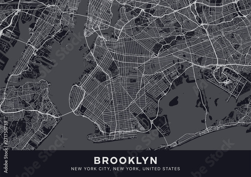 Brooklyn map. Dark poster with map of Brooklyn borough (New York, United States). Highly detailed map of Brooklyn with water objects, roads, railways, etc. Printable poster.