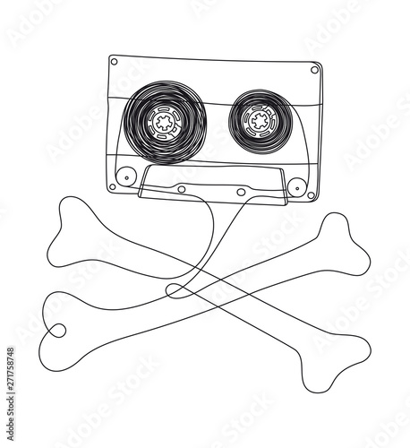 Vector old hand sketch compact audio cassette with crossed pencils