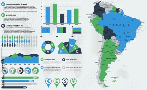 Detailed South America map with infographic elements. Vector illustration.
