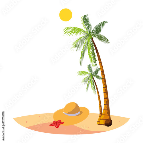 summer beach with palms and straw hat scene