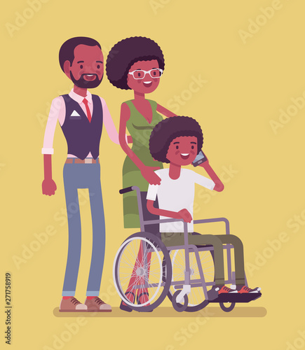 Black family with a disabled child. Parents with a teen daughter sitting in wheelchair, phone talking, social assistance, care and medical health support for kid rehabilitation. Vector illustration