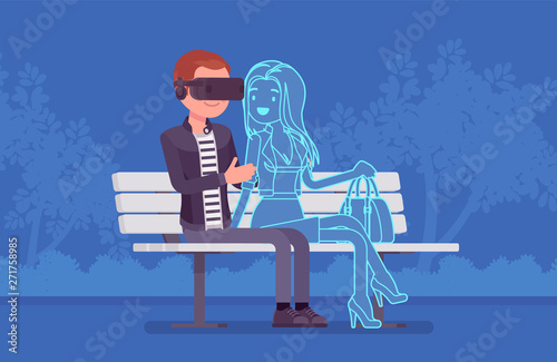 Virtual date in a park. Young man wearing VR headset meeting with not real woman, enjoy oculus gaming system for entertainment, computer technology to create simulated environment. Vector illustration