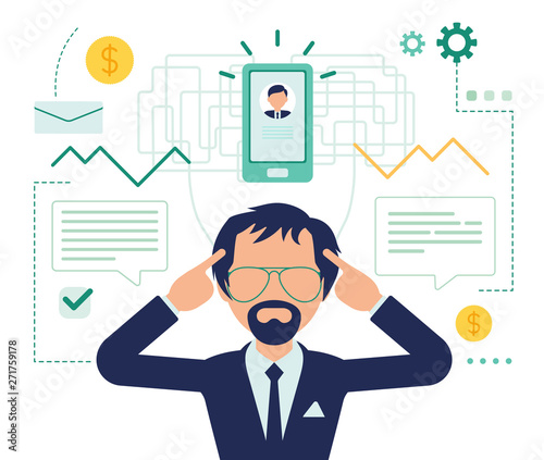 Businessman thinking about business plan. Male manager decide on new project to achieve future great goals, defining strategy or market direction. Vector abstract illustration with faceless character