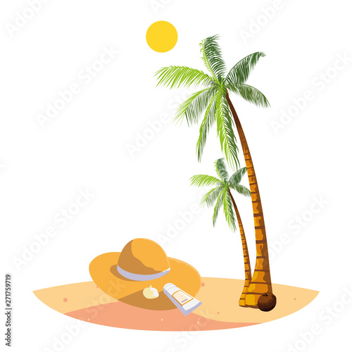 summer beach with palms and straw hat scene