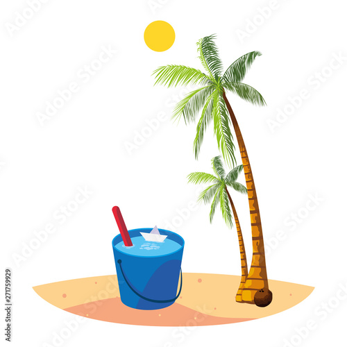 summer beach with palms and water bucket scene