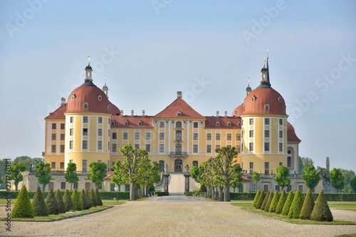 Beautiful Moritzburg Baroque palace in Germany, Europe. Moritzburg castle was built in the 16th century by Duke Moritz of Saxony. Traveling concept background. Amazing medieval castle in the morning m