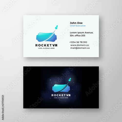 Rocket Virtual Reality Abstract Vector Sign or Logo and Business Card Template. Premium Stationary Realistic Mock Up. Electronic Glasses Silhouette with Starting Rocket on Realistic Space Background.