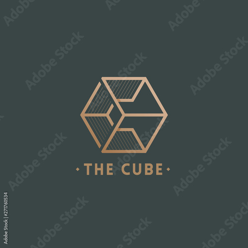 The Cube Abstract Vector Sign, Emblem or Logo Template. Letter C Incorporated in a Geometry Symbol with Typography. Golden on Dark Background