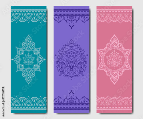Set of design yoga mats. Floral pattern in oriental style for decoration sport equipment. Colorful ethnic Indian ornaments for spiritual serenity. Decor of business card, poster, print in henna tattoo