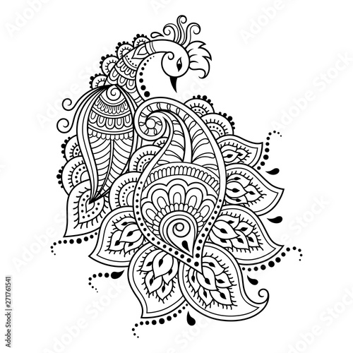 Mehndi flower pattern with peacock for Henna drawing and tattoo. Decoration in ethnic oriental, Indian style. Doodle ornament. Outline hand draw vector illustration.