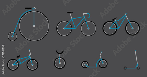 Vector simple drawings of wheeled vehicles set. Bike, scooter,...