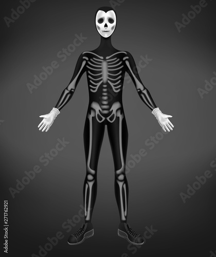 Fototapeta Naklejka Na Ścianę i Meble -  Skeleton or death costume for Halloween party isolated on black background. Character in skinny suit with human bones, and skull mask with empty eyes and sutured mouth Realistic 3d vector illustration