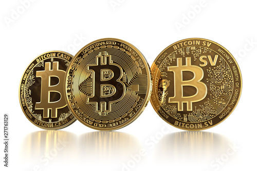 Three different Bitcoin coins after forks. Bitcoin (BTC) facing Bitcoin Cash (BCH) and Bitcoin Satoshi Vision (BSV) concept. 3D illustration photo