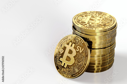 Pile of Bitcoin Satoshi Vision (Bitcoin SV or BSV) cryptocurrency isolated on white background. Concept coin. 3D rendering photo