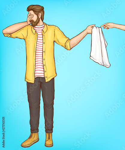 Shy man covering eyes with hand and giving towel to woman palm with red manicure on blue background in retro comic book style. Hipster guy in bathroom with girl. Pop art cartoon vector Illustration