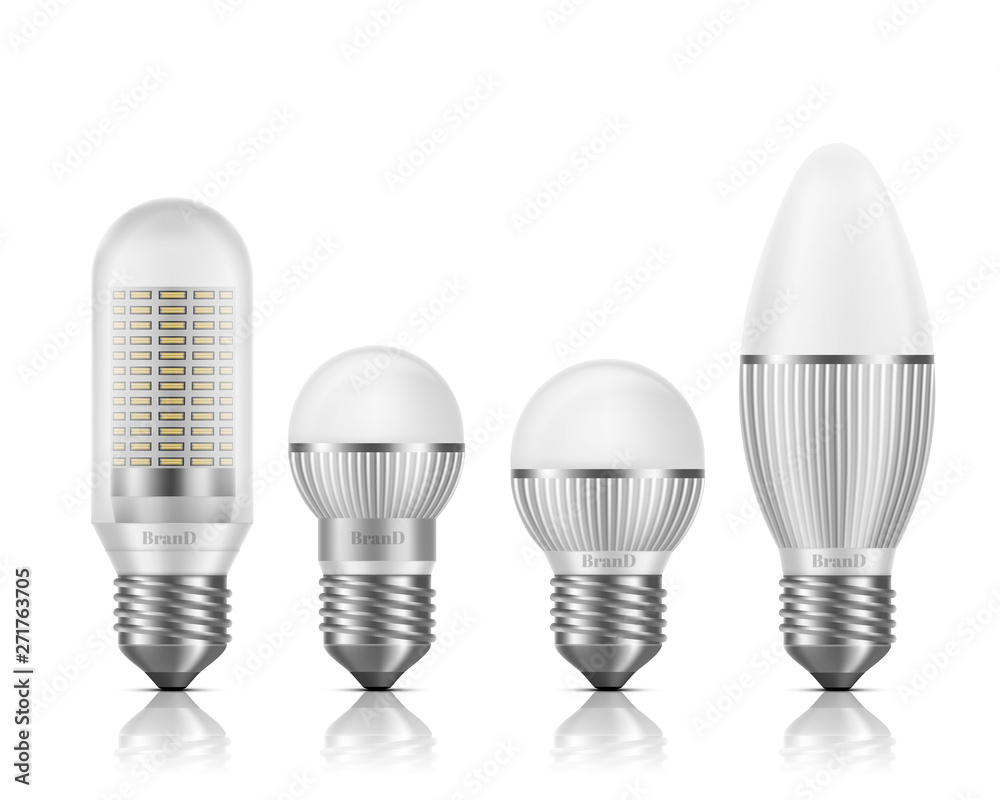 Different shapes and sizes LED bulbs with heat sinks or fins, E27 base,  screw-type socket 3d realistic vector set isolated on white background.  Modern, high efficient lamps cross section illustrations Stock Vector