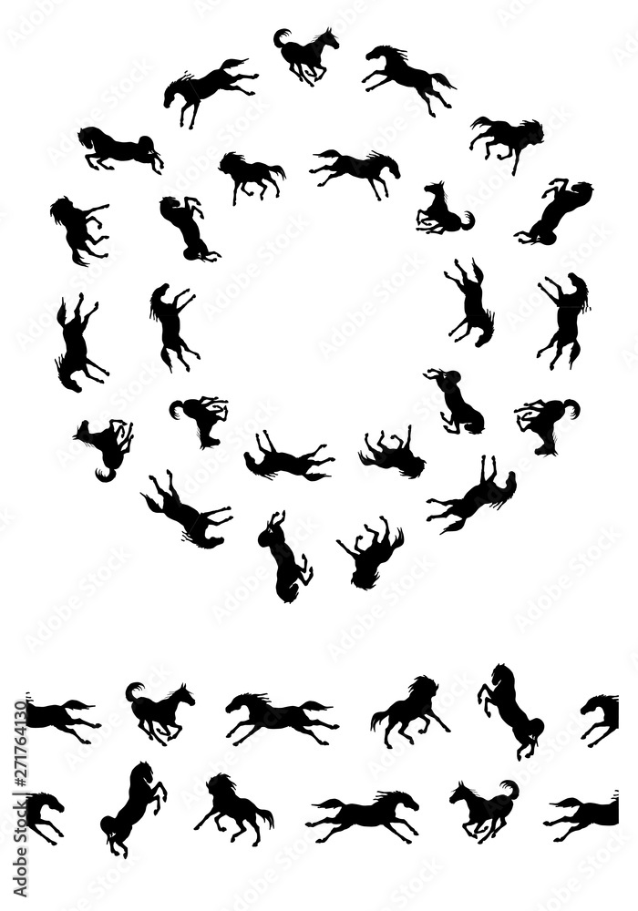 a wreath of vector isolated silhouettes of black horses galloping on a white background