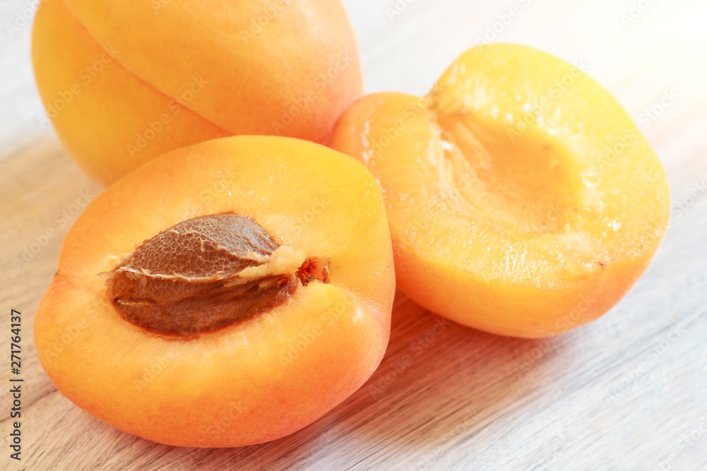 Sliced apricot with pit closeup