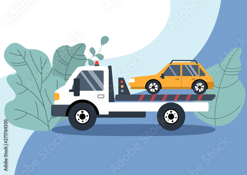 Roadside assistance concept  broken yellow car on the tow truck. Flat vector illustration. 