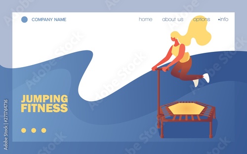 Vector concept banner with young woman jump on trampoline. Sport scene, good for gym jumping fitness healthy lifestyle courses. Blue wave, flat character