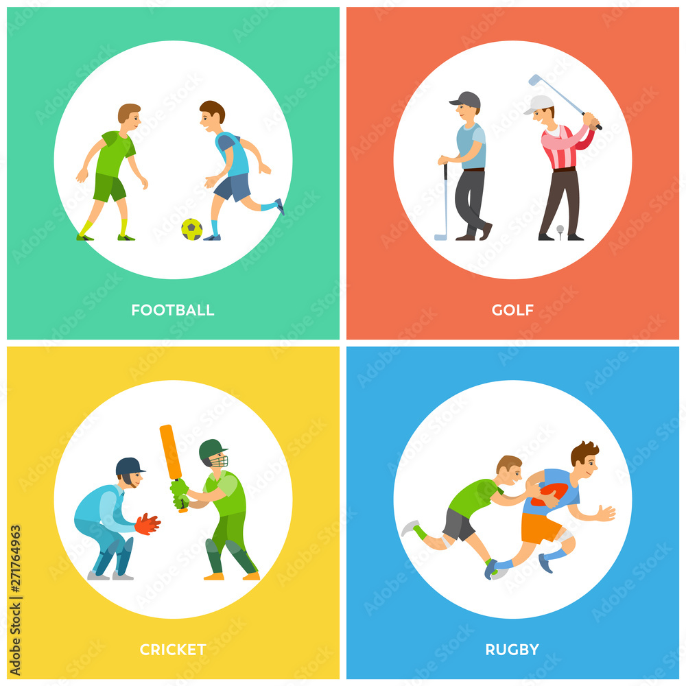 People holding bat, golf-club or running with ball, round poster icons football, golf and cricket, rugby sport decorations, sportsmen training vector People holding bat, golf-club or running with ball, round poster icons football, golf and cricket, rugby sport decorations, sportsmen training vector