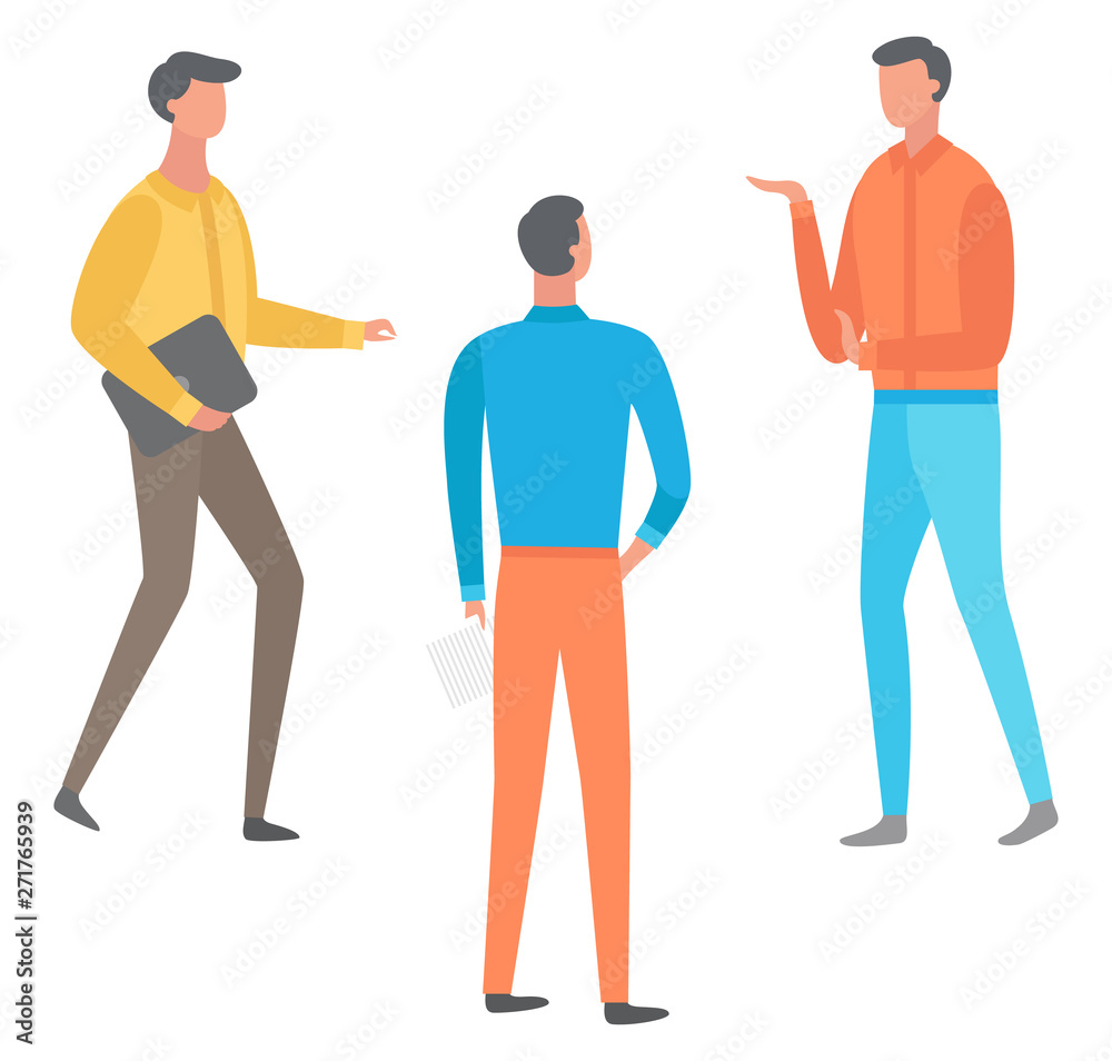 Cartoon male characters discussing business issues isolated people. Vector office workers or students communicating, speaking managers in flat style