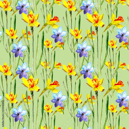 Seamless pattern with summer flowers. Hand draw textures with flowers and leaves in trendy modern style- watercolor illustration