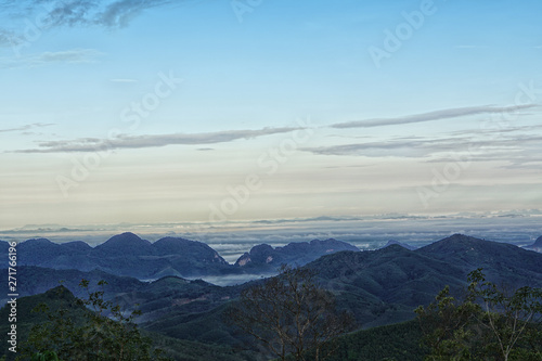 Sea of the mist with blue sky on mountain at morning sunrise winter season background