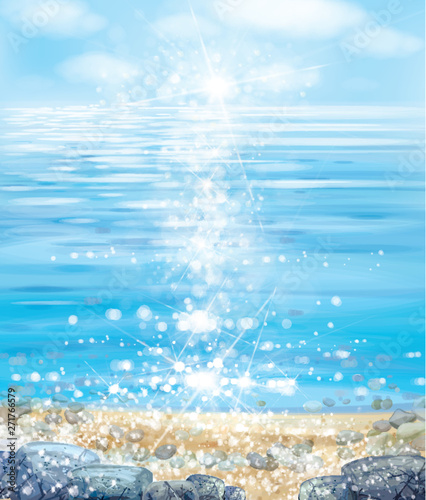 Vector  ocean with blue  sky, sandy beach and stones.