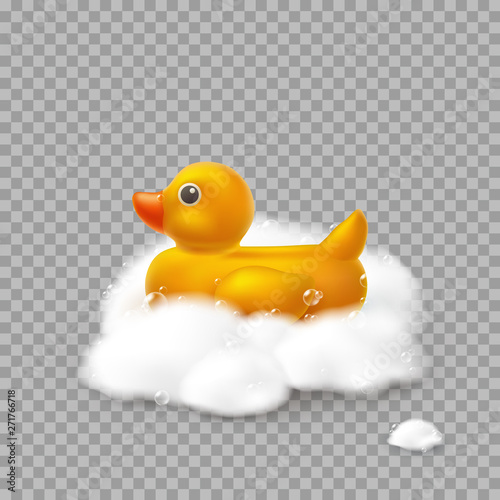 Duck with foam effect isolated on transparent background. Yellow bath toy and soap, gel or shampoo bubbles in water. Vector 3d float bathtub element template.