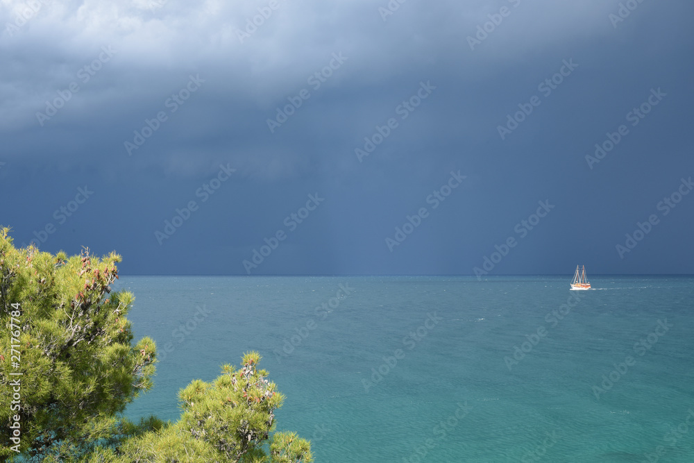 Obraz premium The stormy sky and the sun illuminate the sailing yacht and pine branches in the foreground. Amazing natural colors. Contrasting natural lighting. Adriatic Sea.