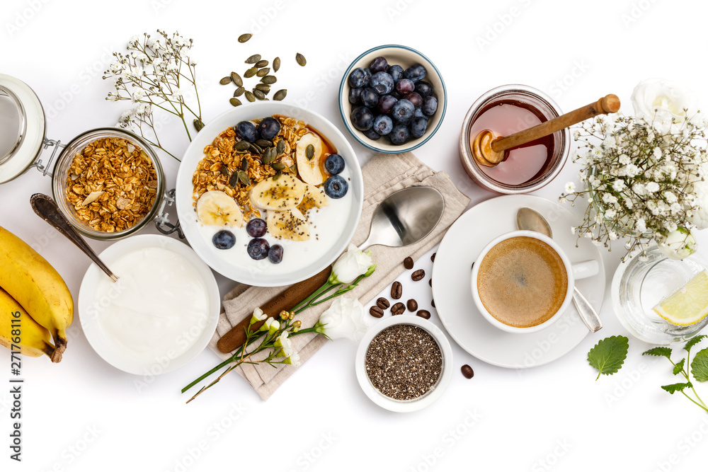 Healthy breakfast set on white background, top view, copy space - obrazy, fototapety, plakaty 