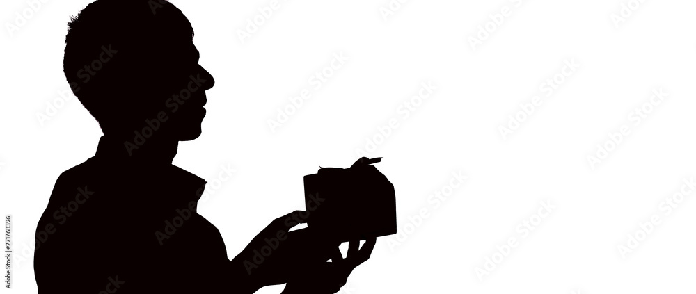 silhouette profile of a man gives a gift box with bow for his beloved, the guy congratulates on white isolated background, concept holidays, care, love, romance